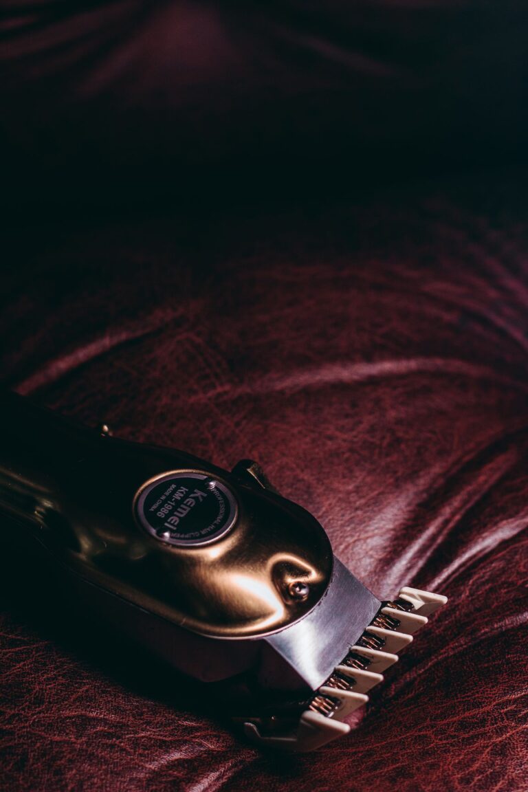 Tondeuse électrique posée sur un fond en cuir (photo d'illustration, Remington F4 Style)